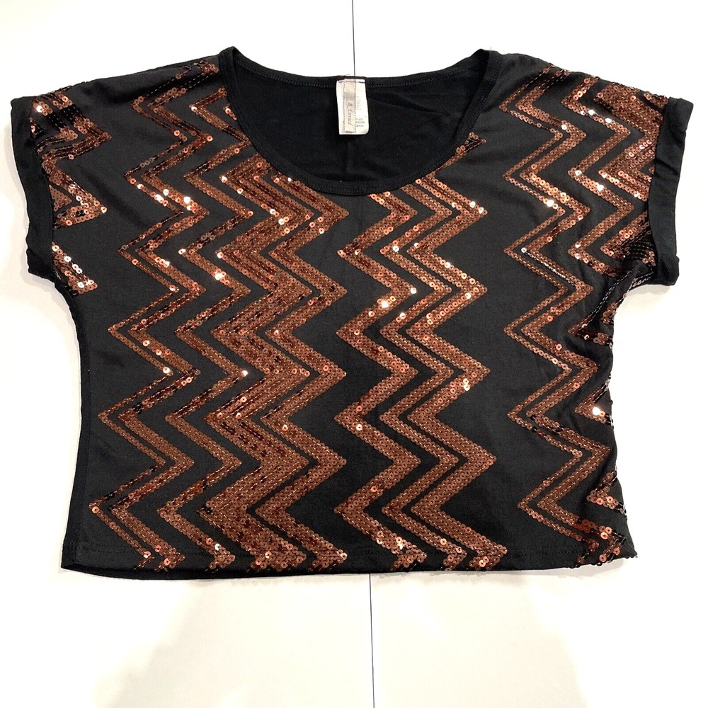 B. Envied Black W/ Brown Sequin Half Shirt Women's Juniors Size M